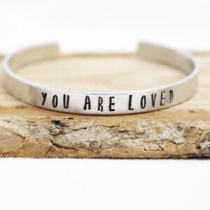 You Are Loved - Hand Stamped Anodized Aluminum Bangle - Adjustable